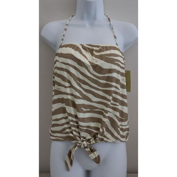 Michael Kors Women's Sz S Khaki Zebra Print Tie Front Tankini Swimsuit Top $102+ - Picture 1 of 16